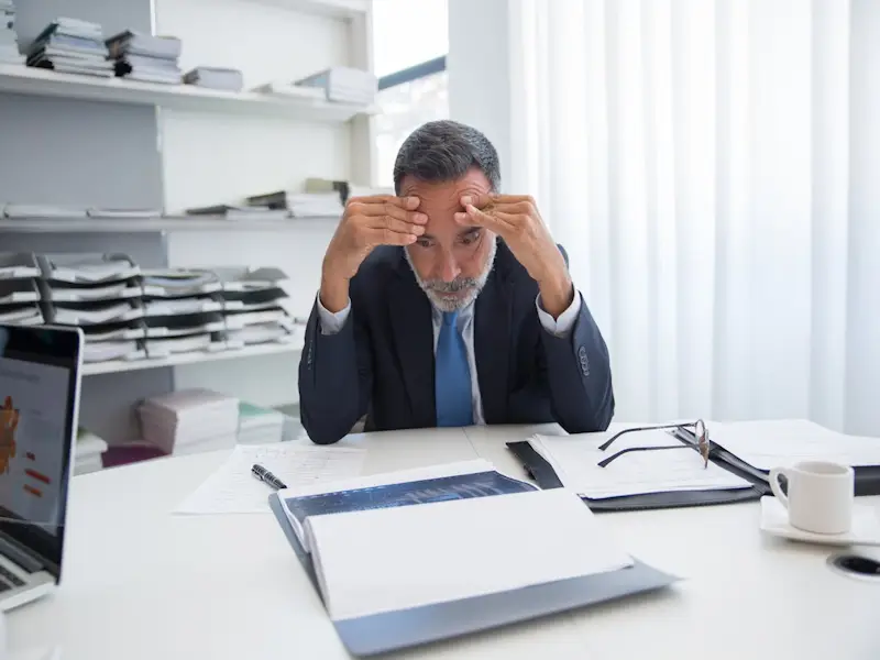 Stressed man sitting at an office desk.