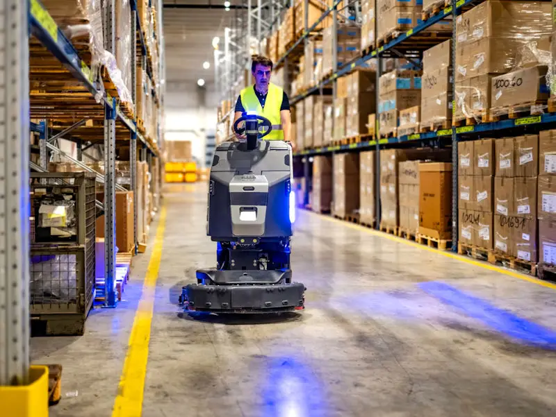 Non-medical cleaning; floor scrubber used in warehouse.