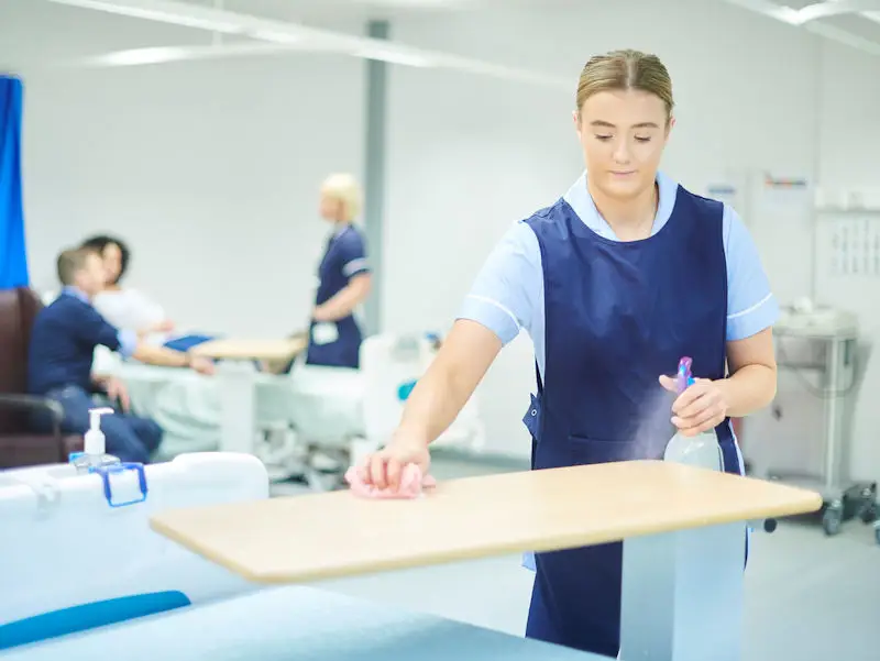 Medical cleaning; sanitising hospital ward.